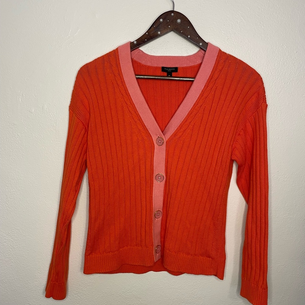 Talbots Medium Petite Cardigan with Pink Trim